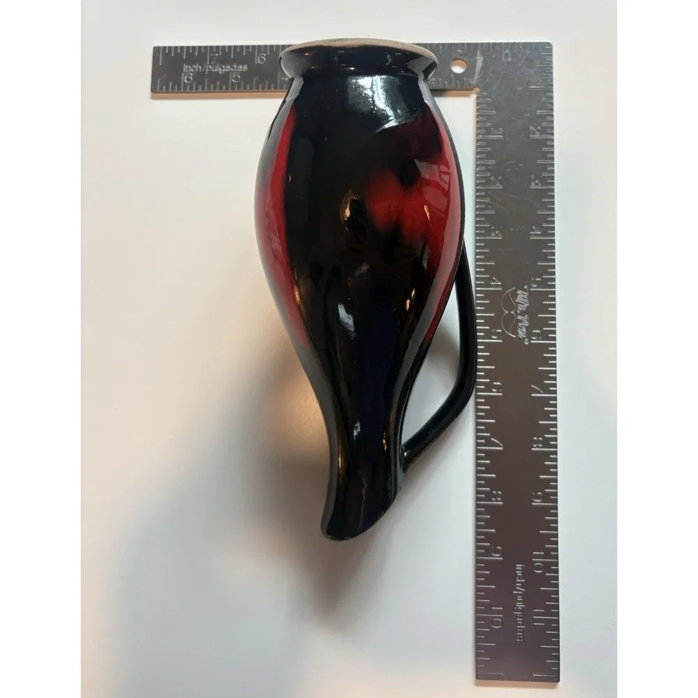 Vintage Hungarian Black Red Drip Glaze Pitcher Vase Mid Century Pottery BISZ 60s